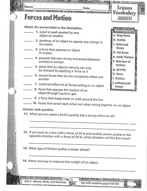 force and motion worksheet answers